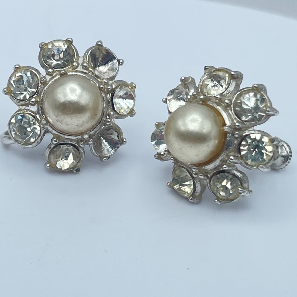 Vintage 90s Faux Pearl Rhinestone Floral Earrings Silver Tone Women's Jewelry